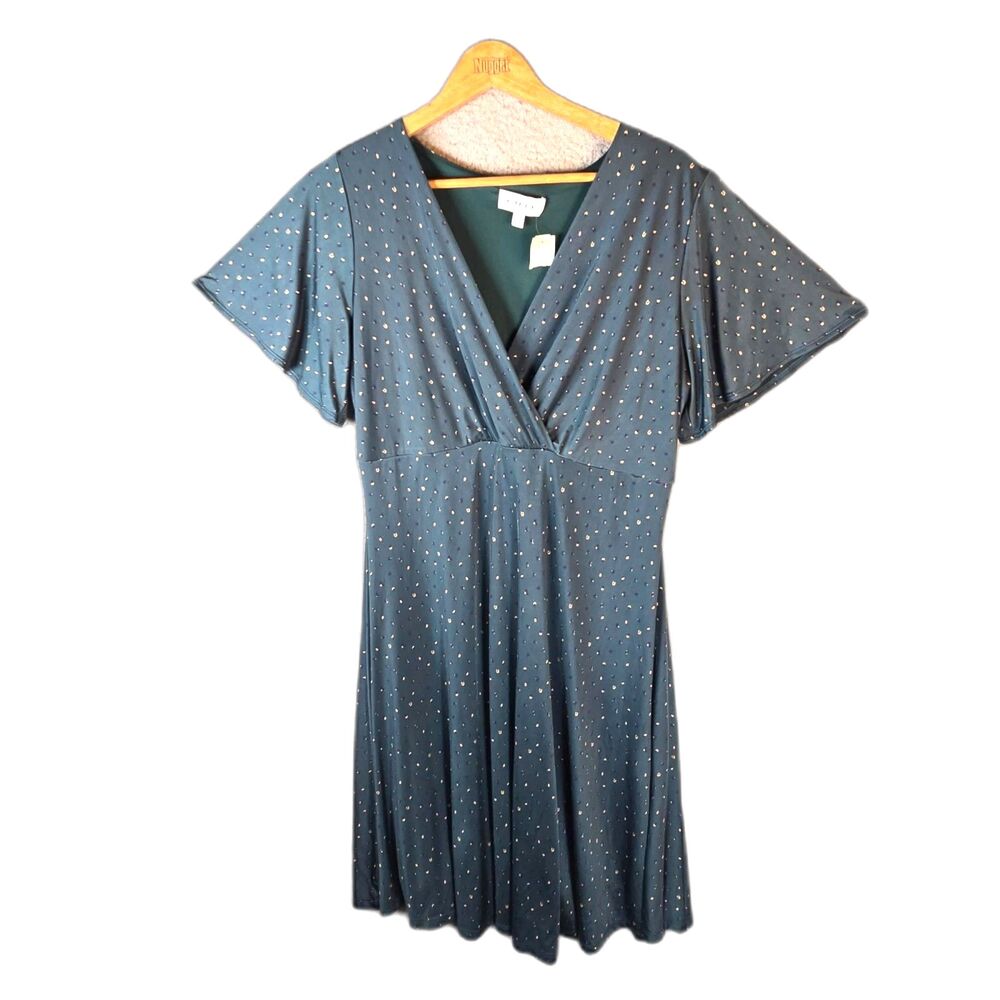Gilli Green Multicolor Dot Surplice Flutter Sleeve Fit Flare Lined Dress 1X NWT